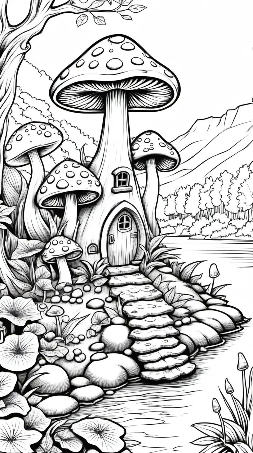 coloring page for kids, a mushroom faerie home by the lake, no shading,
