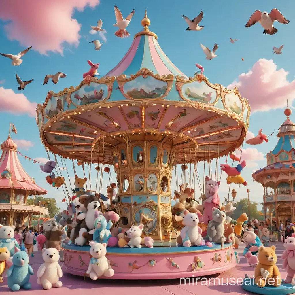 carrousel with kids around colorful sky blue pink and birds and toys  and plushes and bears and rabbits and cats