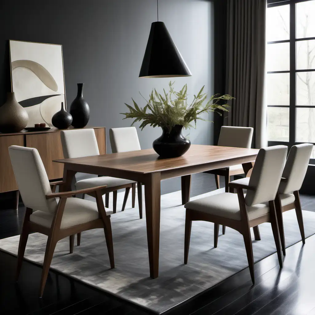 modern wood dining table and chairs with high backs and cushioned seats