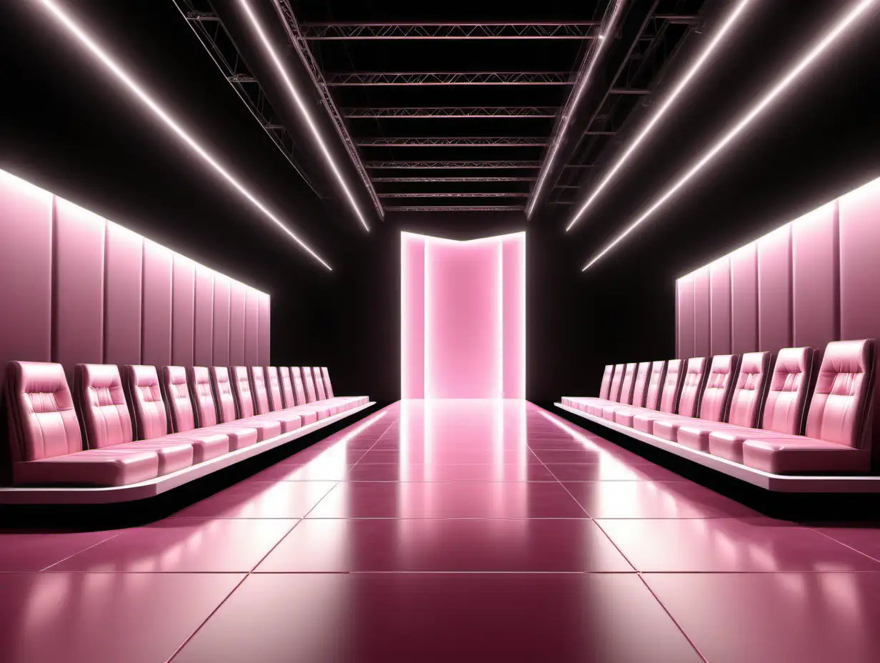 long luxury runway interior. elegant catwalk stage surrounded by seats. iridescent pink. smooth surface floors. diamond finish. backstage entrance is visible in the background. archviz. lights. 1-point perspective. frontal perspective.