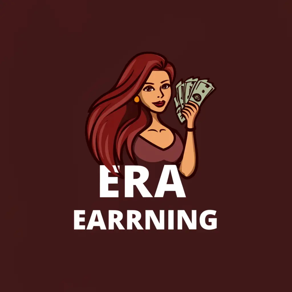 a logo design,with the text 'Era of Earning', main symbol:dark red hair, cash,Moderate, clear background
