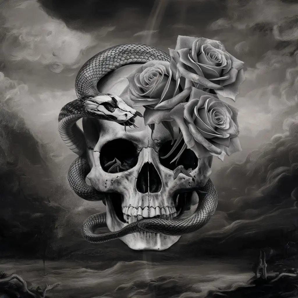 Surreal Skull and Snake Entwined with Roses on a Monochrome Dreamlike Background