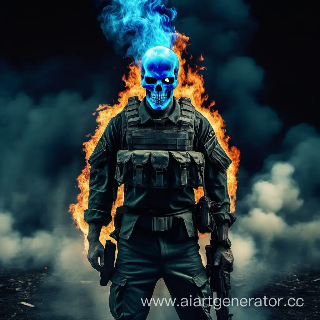 A military man, but instead of a head, a skull burning with blue fire