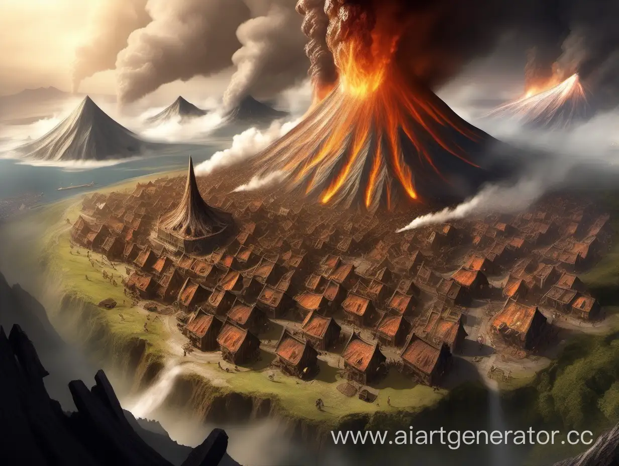 Fantasy-Dwarf-Town-Near-Erupting-Volcano