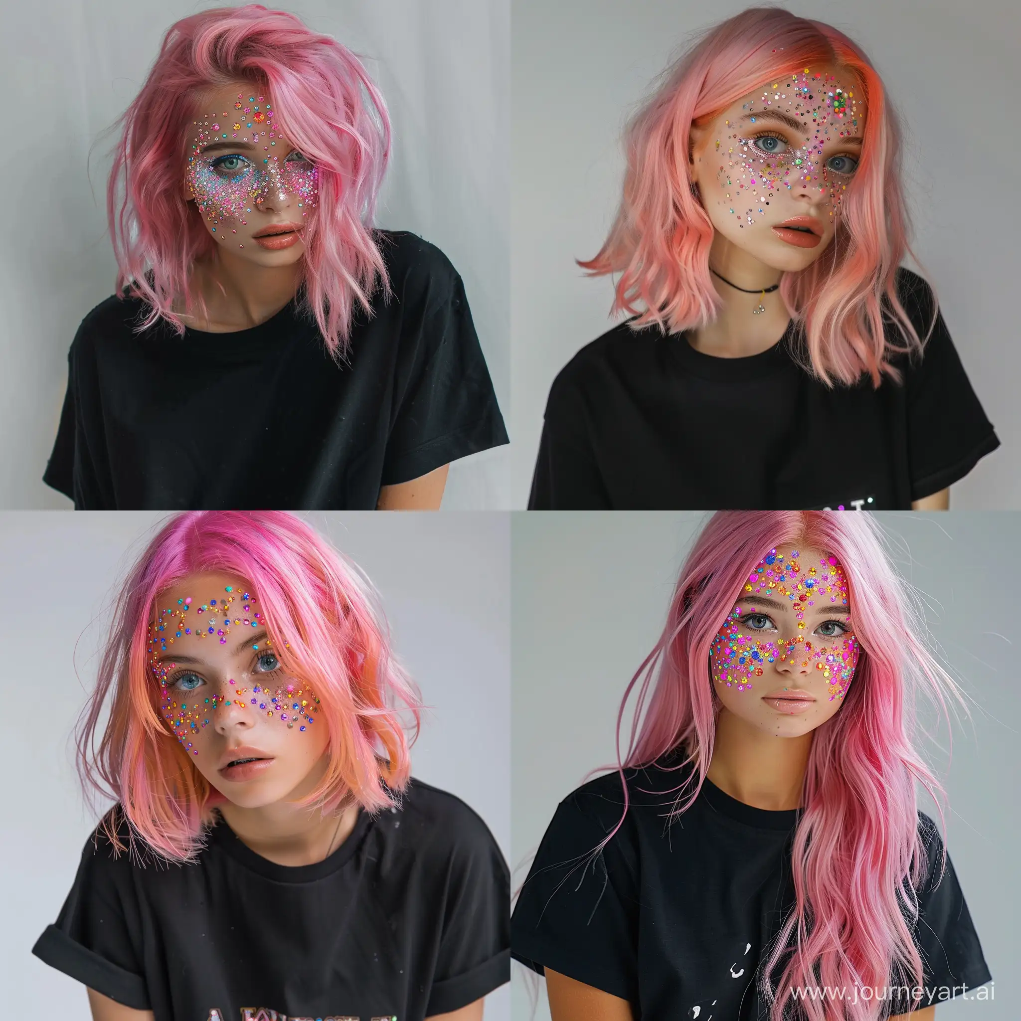 girl with pink hair and rhinestones on her face and wearing a black T-shirt, high detail