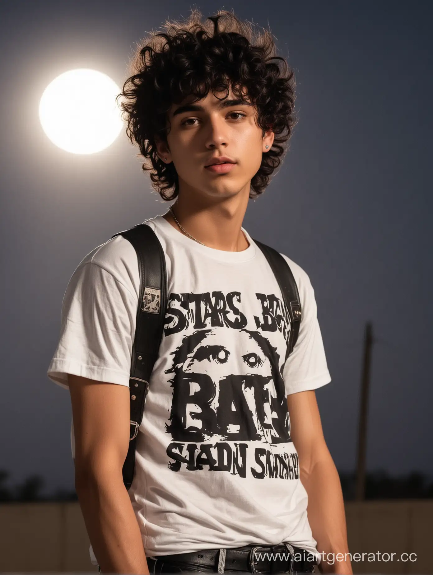 25 years old guy, baby face, sweet punk, charming air, black short fluffy curly hair, brown eyes, cream skin, bad boy aura, white t-shirt and black biker cool outfit, stars-full moon in the background.