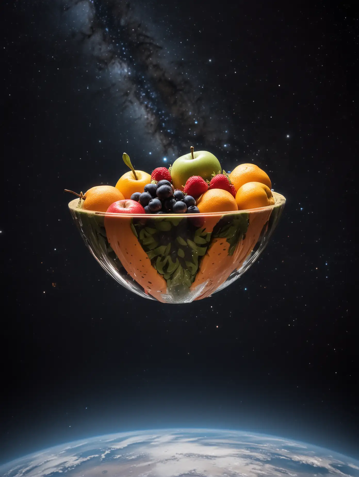 Floating Fruit Bowl in Cosmic Space