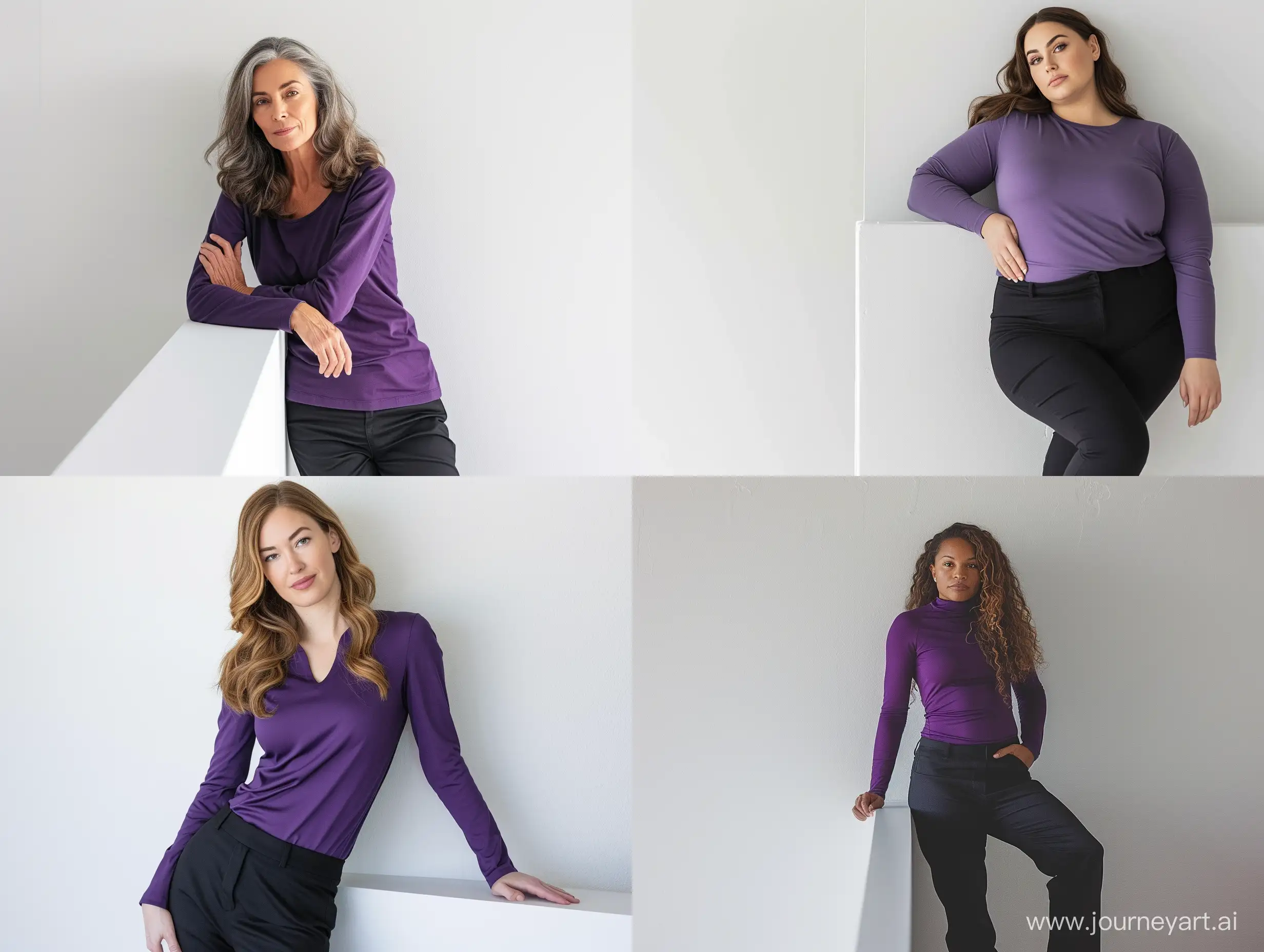 Stylish-Women-in-Purple-Long-Sleeve-Shirt-and-Black-Pants-Leaning-on-White-Wall-Portrait
