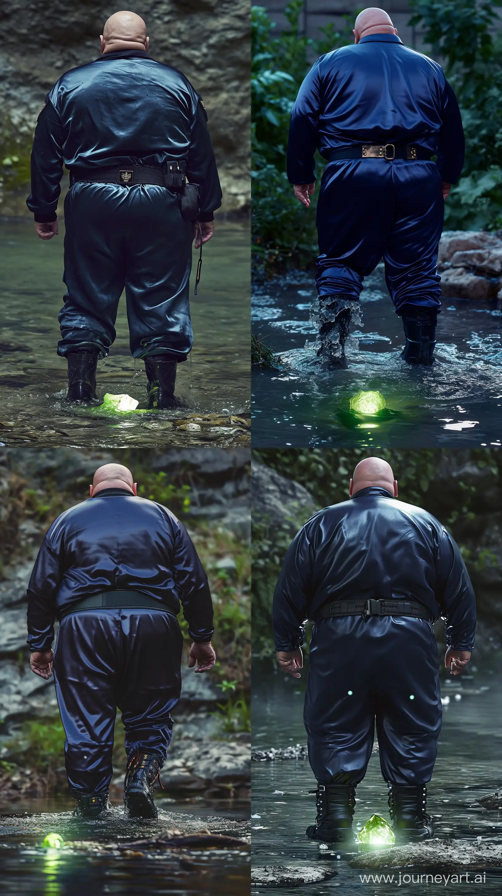 Back view photo of a chubby man aged 70 wearing a silky navy tracksuit. Black tactical belt and boots. He is away in water from a small green glowing rock in front of him. Bald. Clean Shaven. Outside. --style raw --ar 9:16 --v 6