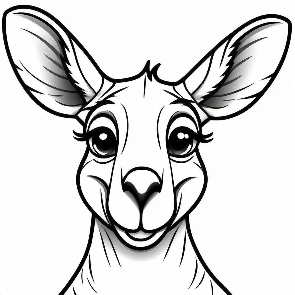 kangaroo face detailed image black lines only, childrens colouring book, stencil, no background, fine lines, black and white, friendly cartoon, lines only