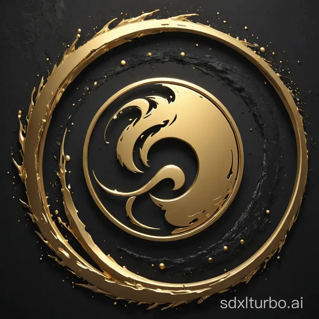 Taichi logo, black and gold, needs to have particles surrounding it, needs to have a sense of the vastness of the universe,