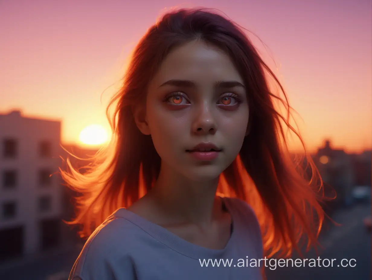 girl, sunset, maximum realism, global illumination, chromatic aberrations, cinematic lut, The glow of the eyes, A real human