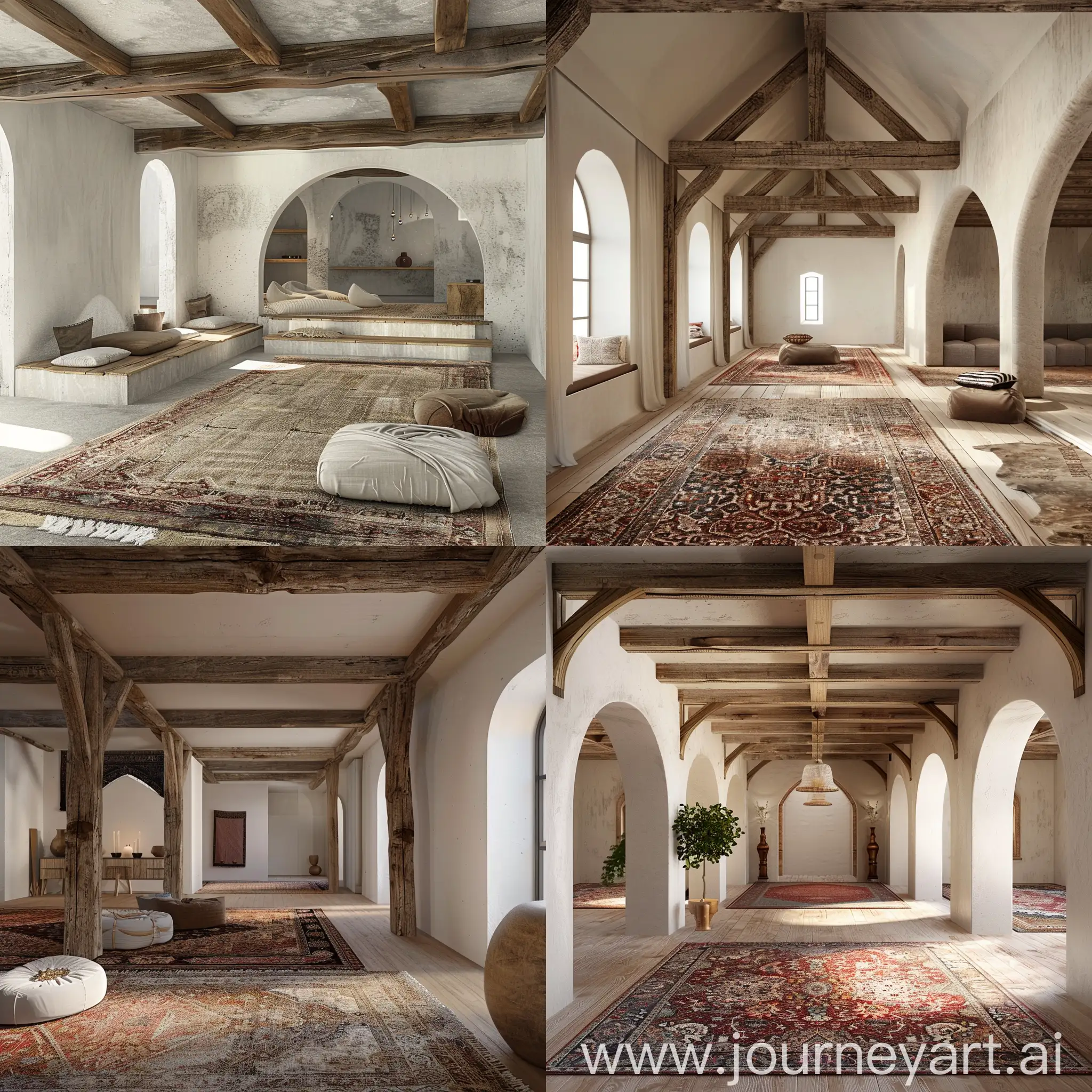 i want an interior of contemporary architecture with a rustic flair. arabic carpets with wooden beams some illusion arches