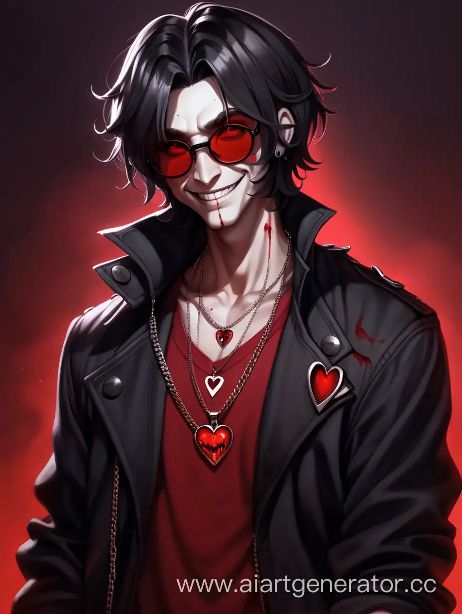 Asmodeus in human form, bob haircut, bloody eyes, red shirt, black jacket, dark round glasses,smile, chain with a heart-shaped pendant,