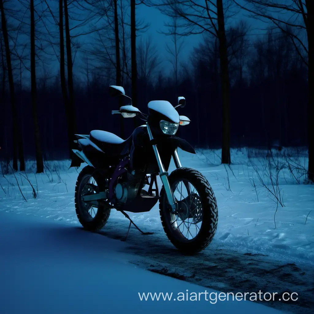 Обычный мотоцикл зимой около леса в темноте