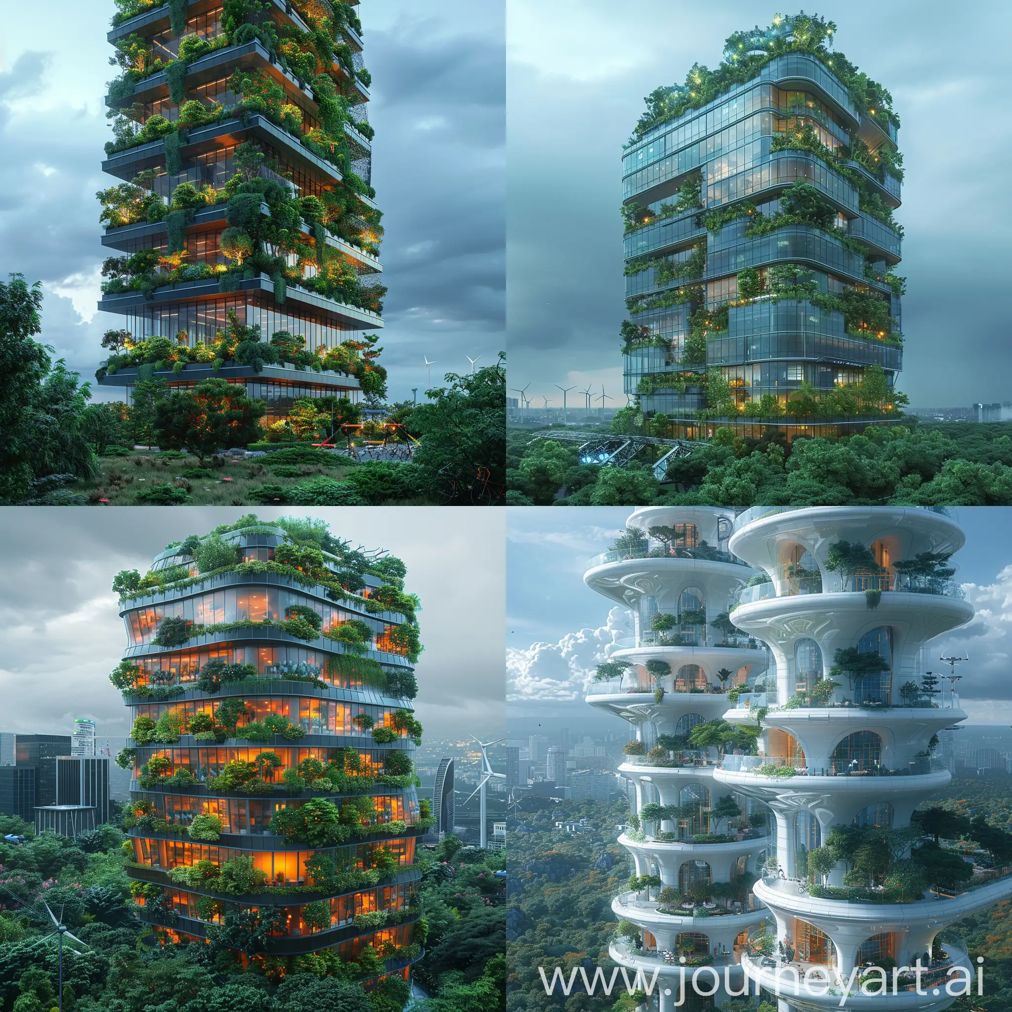 Futuristic skyscraper, Smart Glass Facade, Vertical Gardens, Skybridges, Energy-Generating Facades, Holographic Displays, Automated Parking System, Drone Delivery Stations, Self-Cleaning Materials, AI Building Management System, Vertical Transportation Pods, Green Roofs, Wind Turbines, Rainwater Harvesting System, Rainwater Harvesting System, High-Efficiency HVAC System, Natural Ventilation, Recycled Building Materials, Low-E Glass, LED Lighting, Bicycle Parking and Charging Stations, Self-Healing Materials, Nanocoatings, Nanofiltration Systems, Nanogenerators, Nanocomposite Insulation, Nanosensors, Nanophotonic Windows, Nanotech Solar Panels, Nanomembranes, Nanomaterial Reinforcement, octane render --stylize 1000