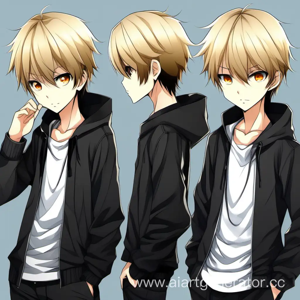 create an image of a boy  in anime style with completely black closed clothes, blond hair and brown eyes in full growth, who is about 16 years old cute