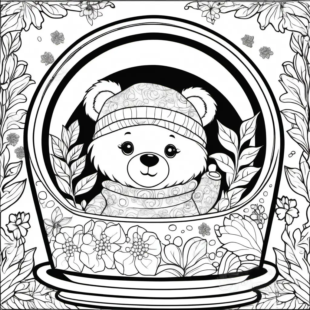 Adorable Bear in Coffee Cup Coloring Book with Snow Globe Frame