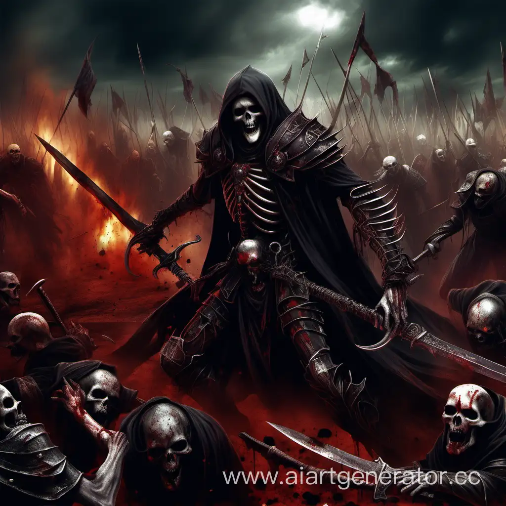 death enjoys, fantasy style, darkness, chaos, blood, on the battlefield