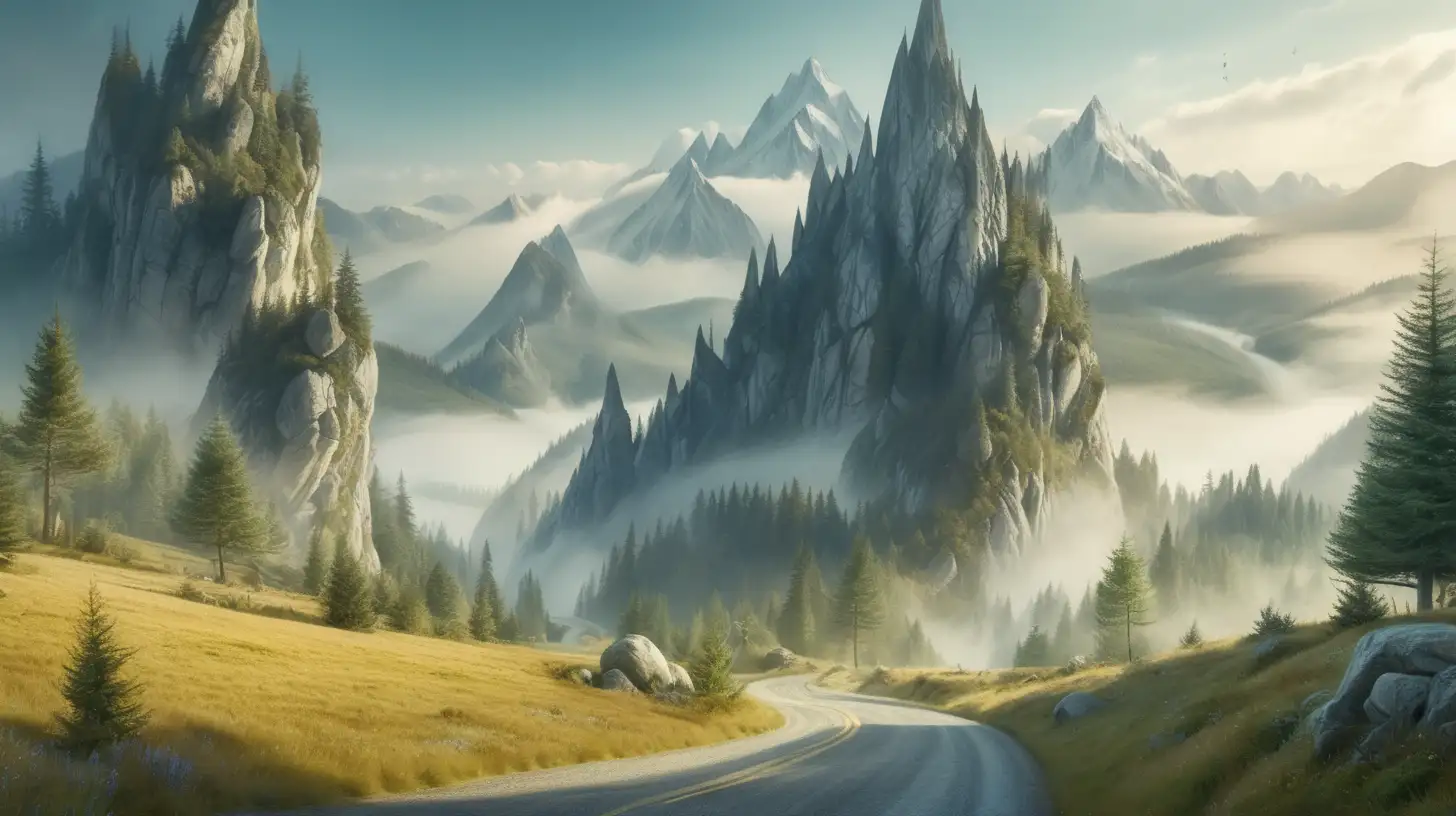 un paesaggio fiabesco con  foreste incantate, montagne levitanti e valli nascoste nelle nebbie ed una strada di fondovalle con fondo ghiaioso
