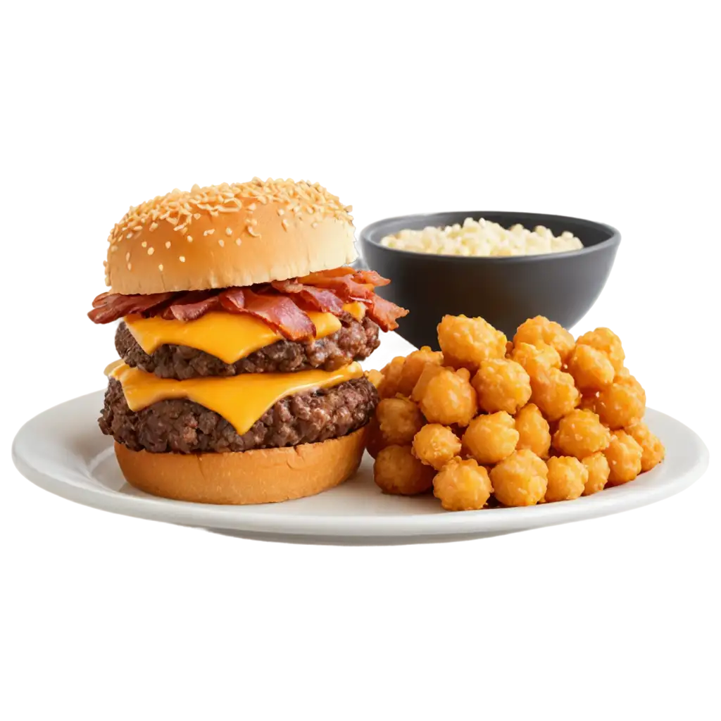 Triple stack hamburger on a plate with a Bowl of Tater tots covered in cheese and bacon
