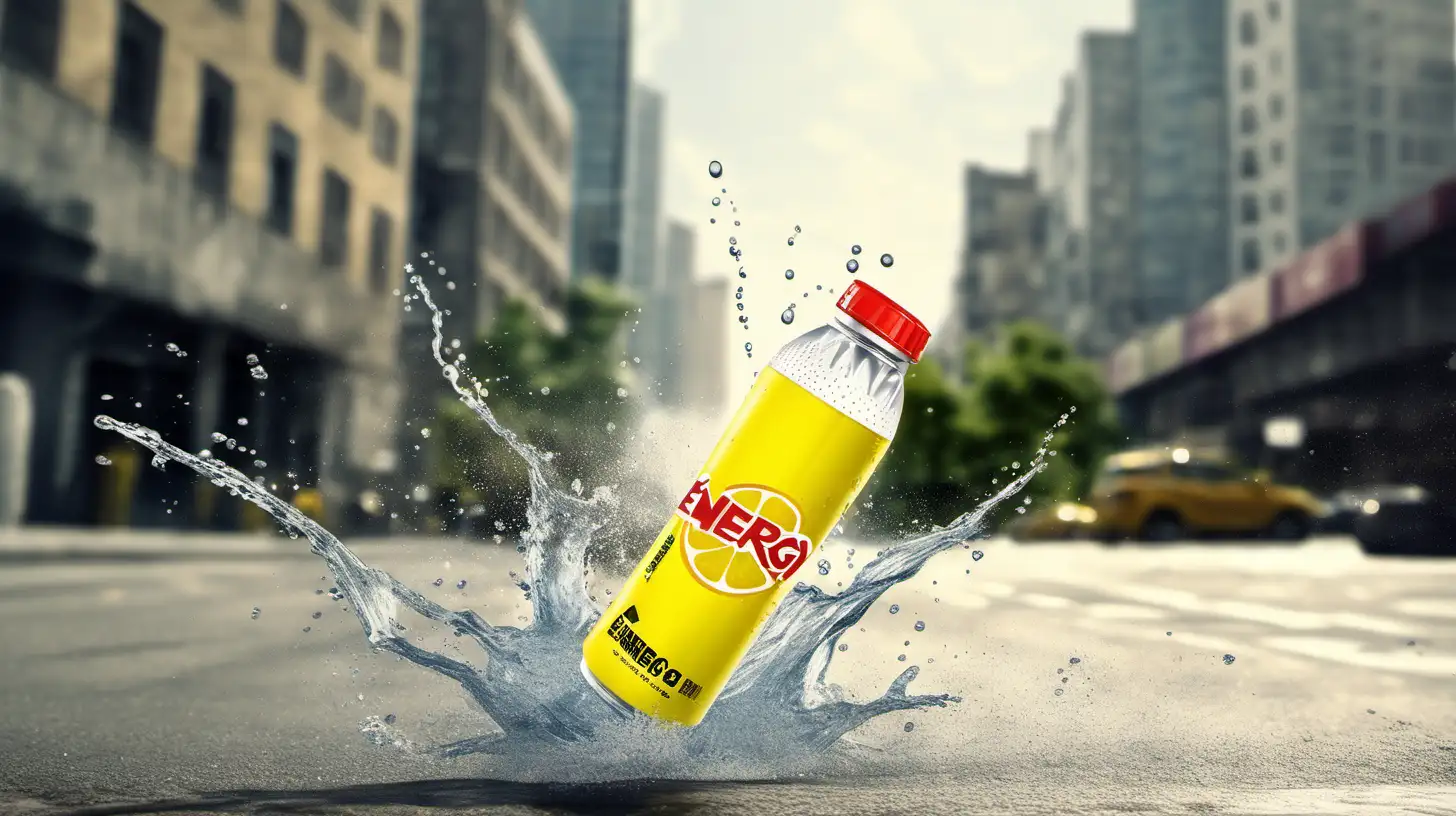 energy drink lemon bottle, rectangular container flotando with a lot of large big splash, on a street and city.