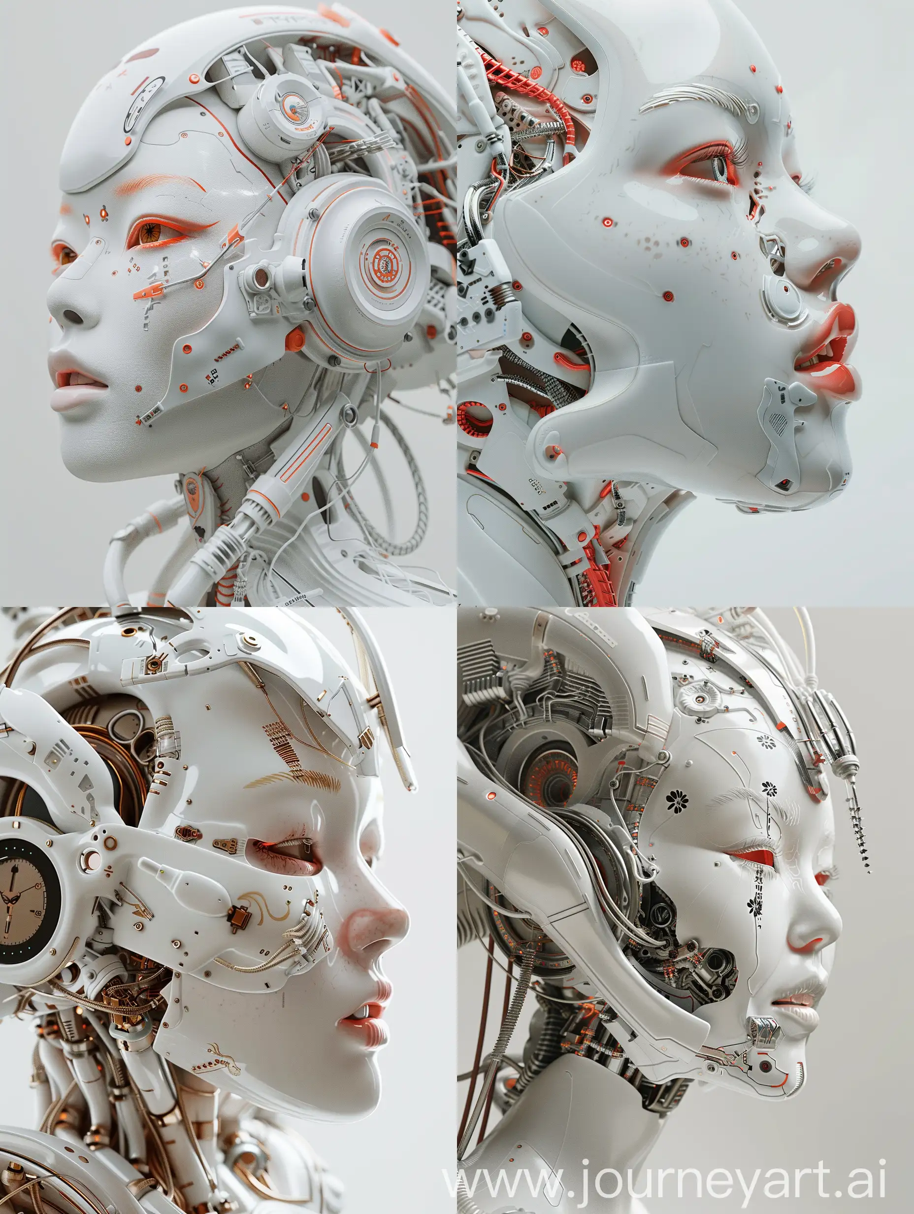 complex 3D render ultra detailed of a beautiful porcelain CYBER PUNK ONI MASK ,profile woman face with Japanese symbolism, aesthetic cyberpunk, cyborg fashion model, hyperrealistic,  robotic parts,  luxurious cyberpunk.