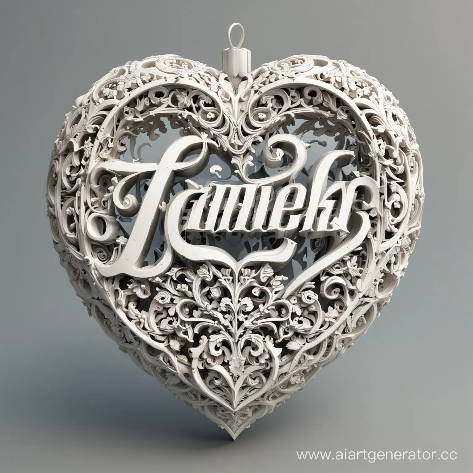 3d графический орнамент с переплетениями в виде кириллической надписи по-русски "ТАНЕЧКА" в форме сердца