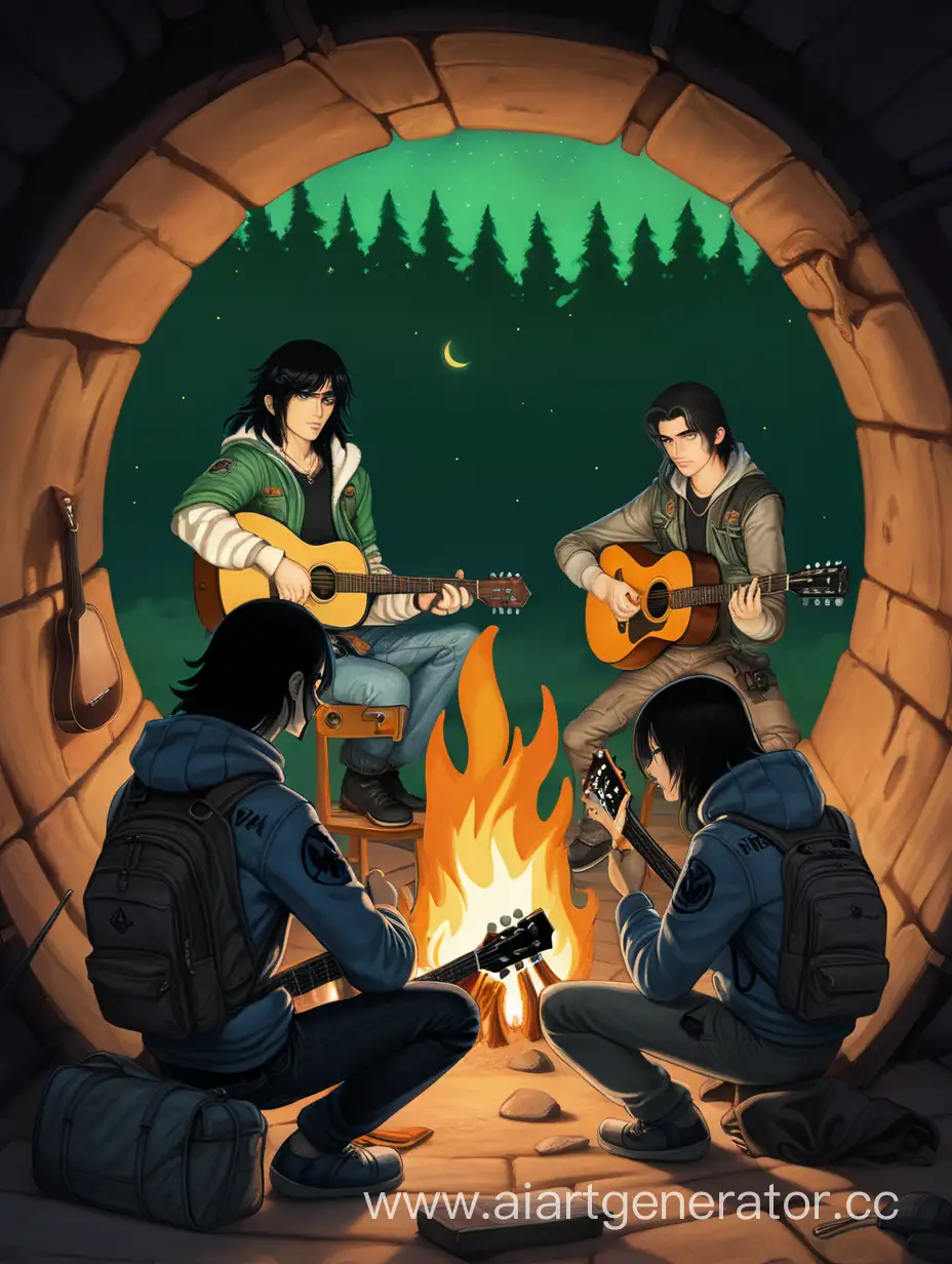 парень с черными волосами по плечи, зелено серые глаза, сидит в комнате, позади него портал, в котором сидят 2 парня у костра в форме сталкера и играют на гитаре