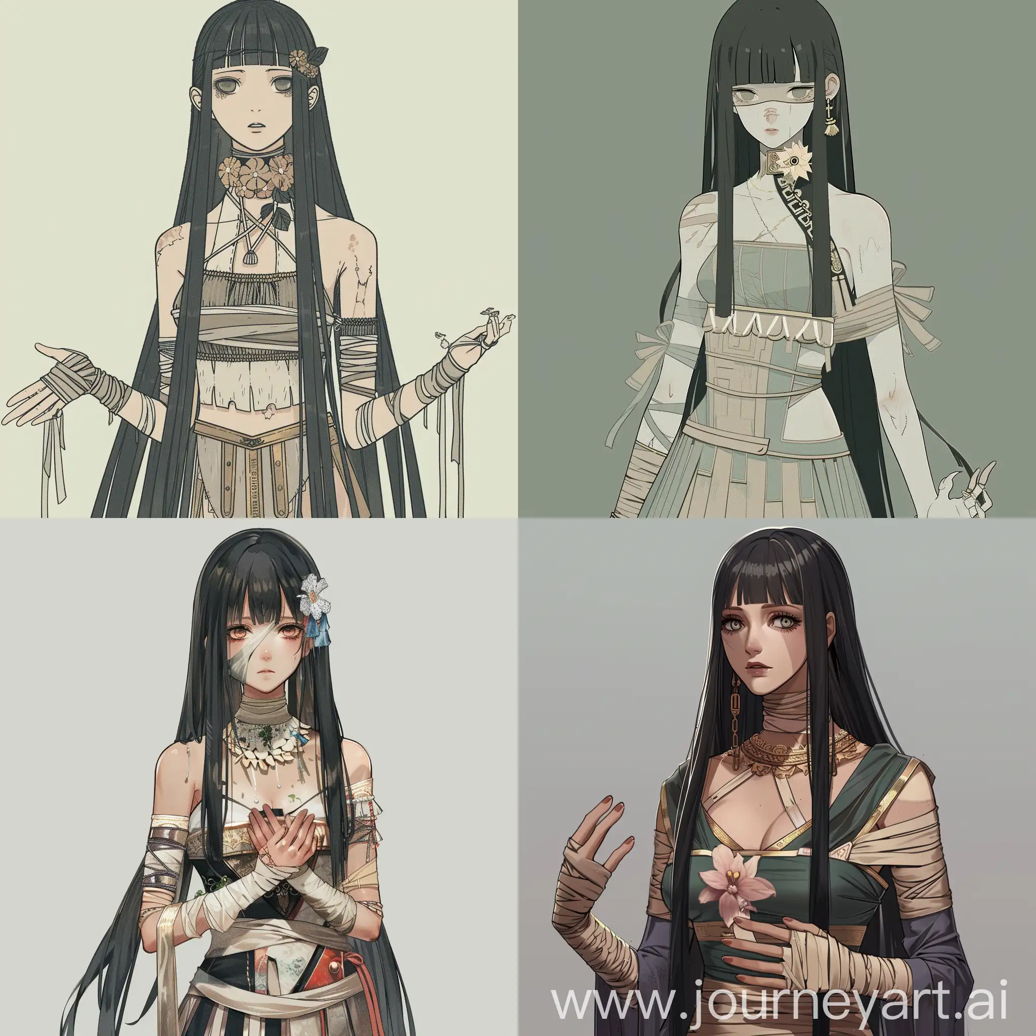 Girl, slender build, long straight black hair, clothes in the style of ancient Rome, bandages on her hands, bandages on her neck, Flower decoration on the neck, full length
