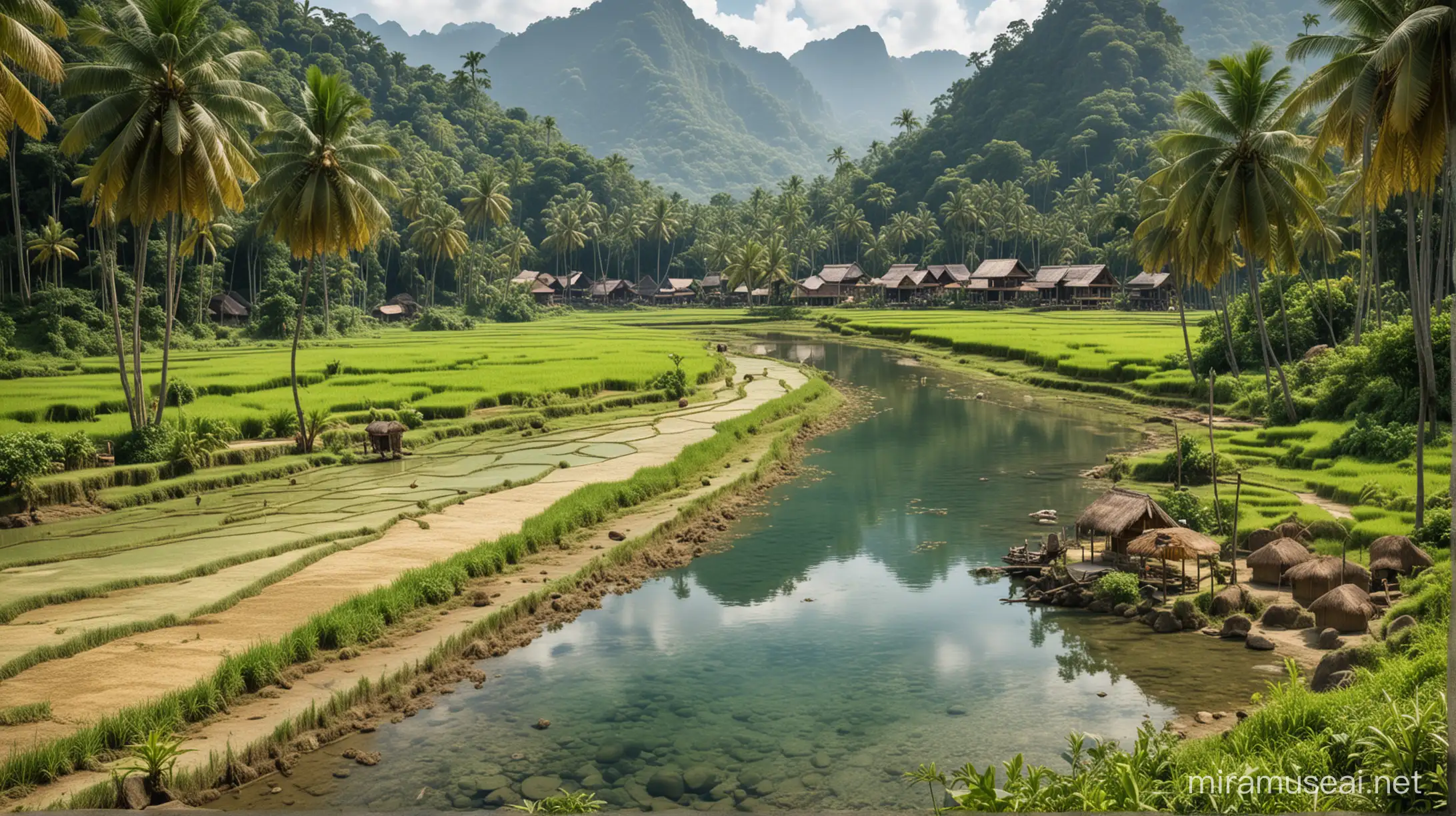 Tranquil Indonesian Village Lush Rice Fields and Waterfalls