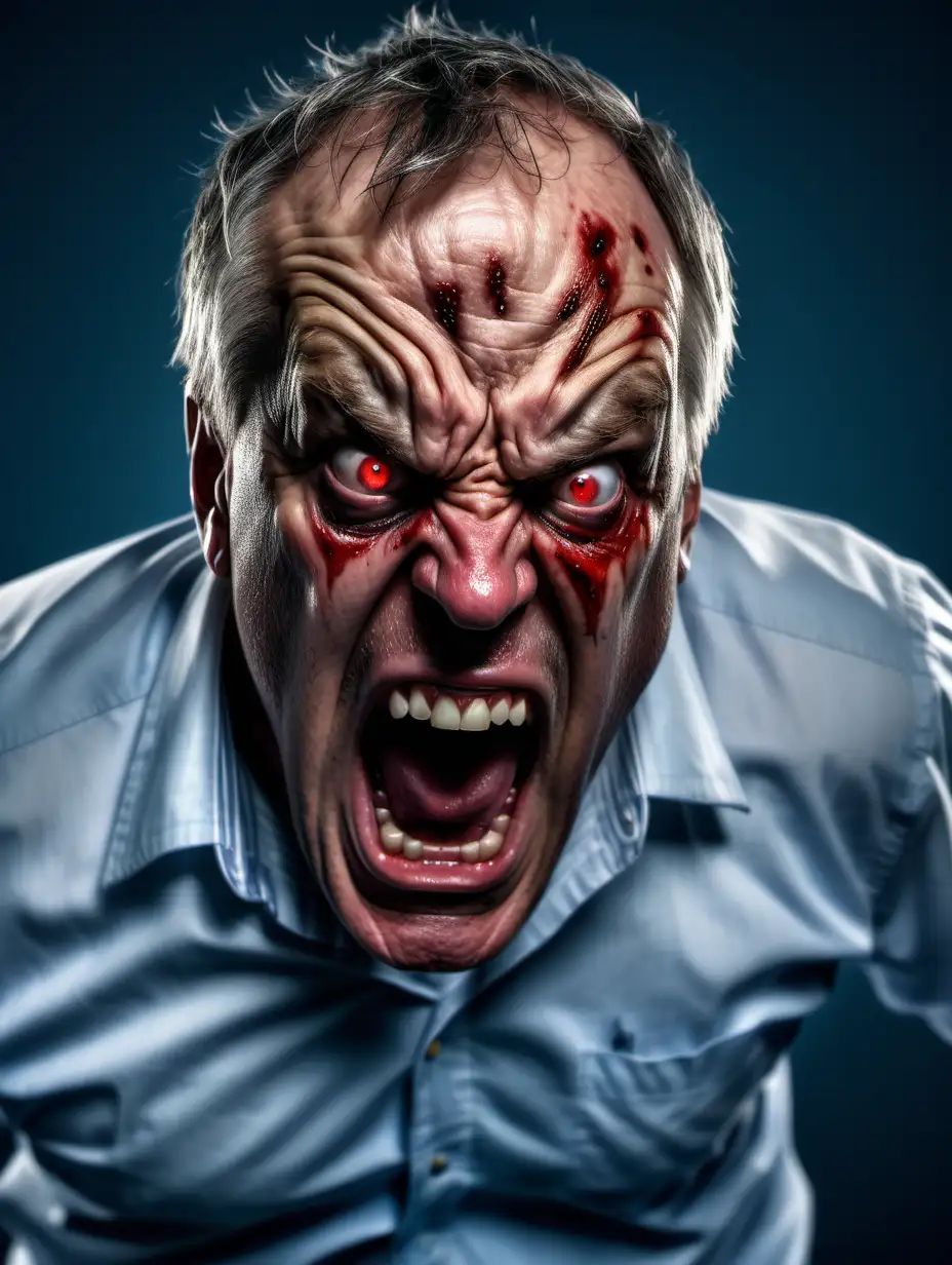 MiddleAged Man Expressing Anger with Intense Red Eyes on Clear Blue Background