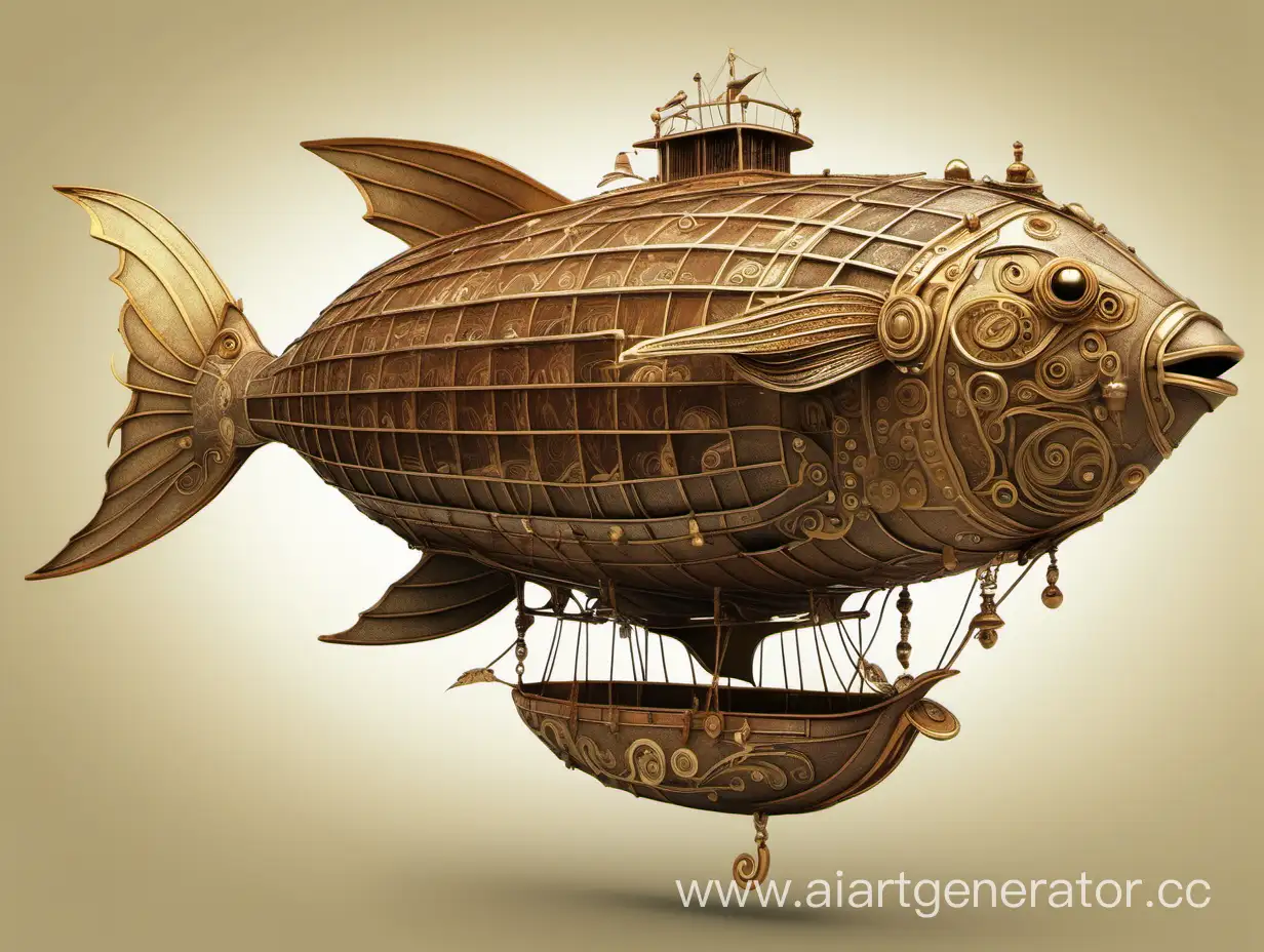 Дерижабль в форме рыбы, необычны, со множеством деталей и фактур в коричнево-бежево с золотом цветовой гамме 
