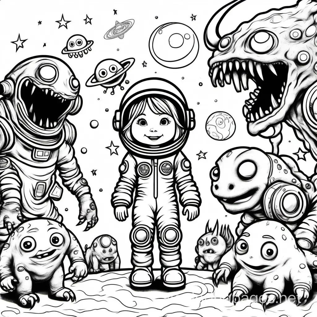 a little girl in a spacesuit, surrounded by monsters., Coloring Page, black and white, line art, white background, Simplicity, Ample White Space. The background of the coloring page is plain white to make it easy for young children to color within the lines. The outlines of all the subjects are easy to distinguish, making it simple for kids to color without too much difficulty