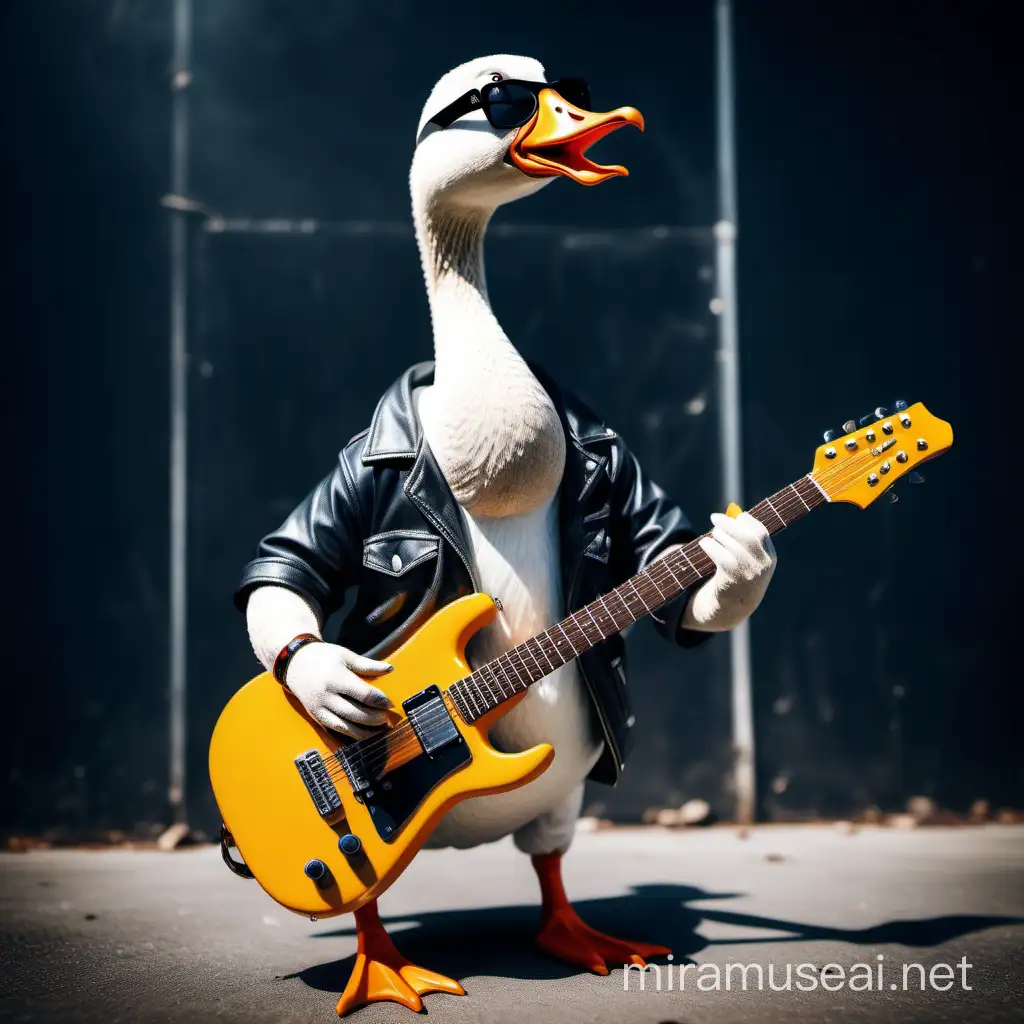 Make a picture of a goose with an electric guitar playing rock music. Make the goose like ACDC and wearing sunglasses.
