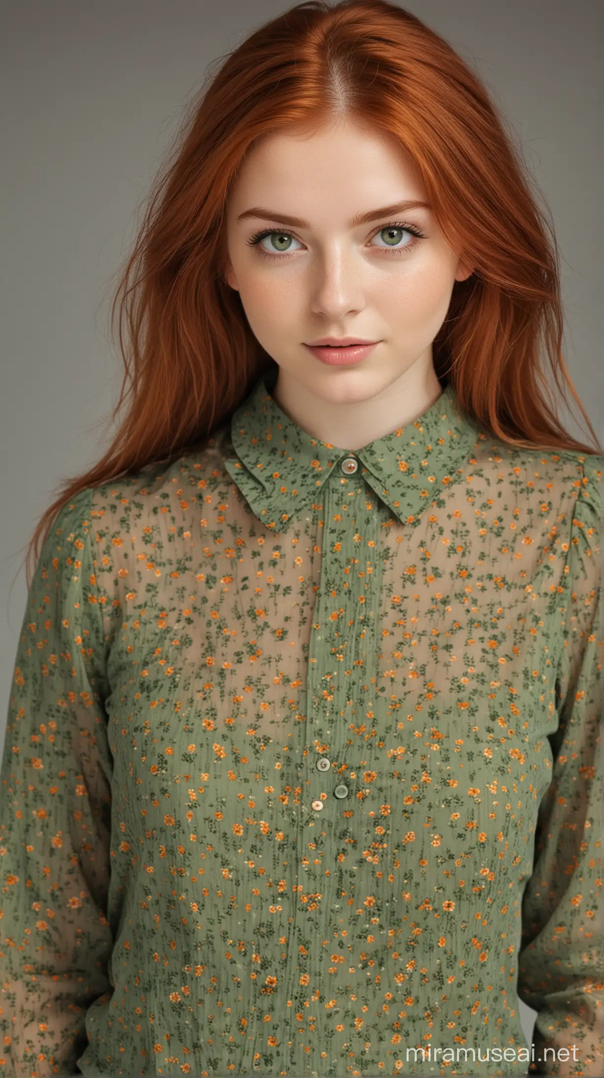 Red hair and green eyes 21 years old pretty girl wearing a long sleeve blouse and a skirt.