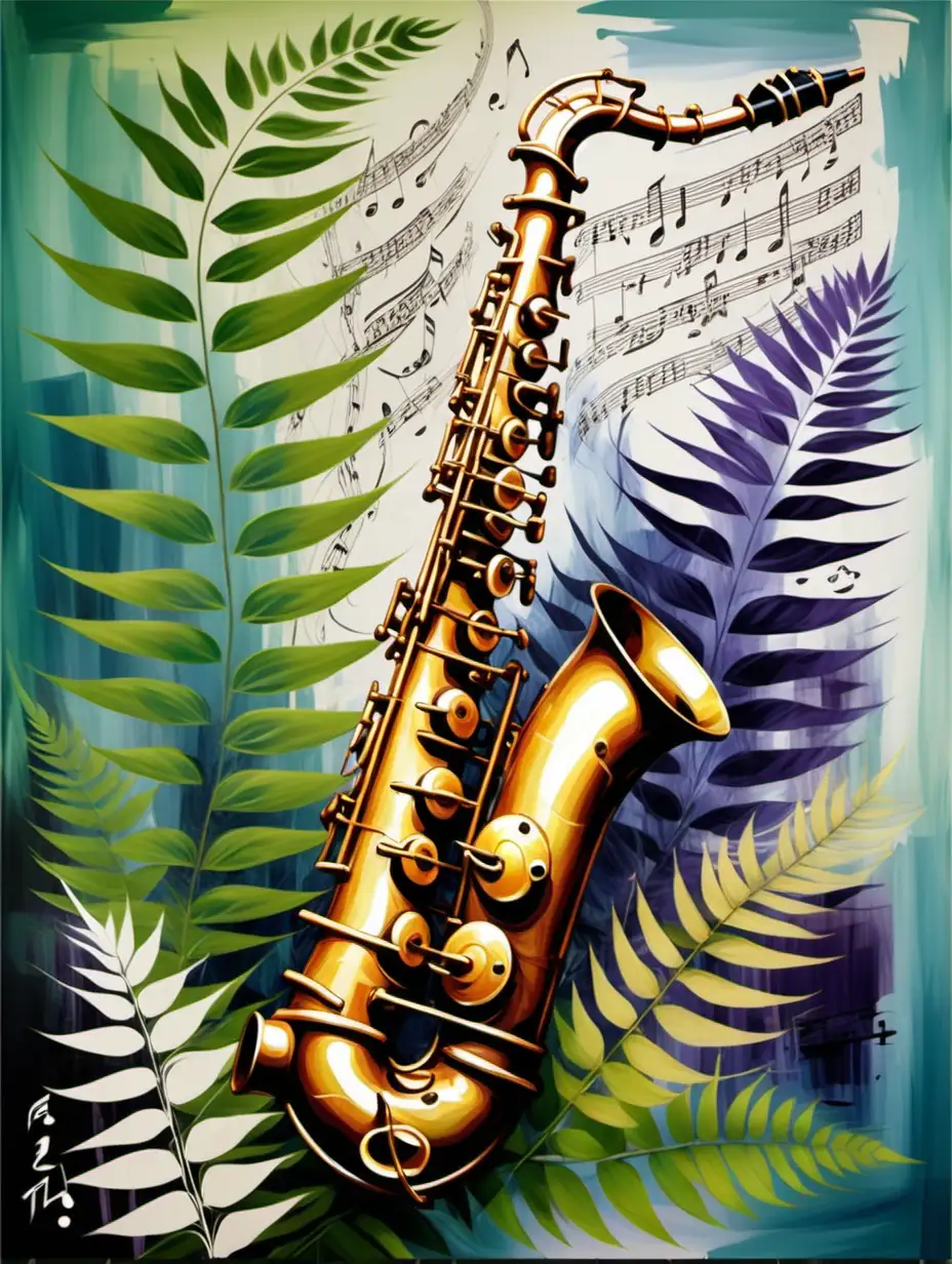 Abstract Saxophone Serenade Romantic Bamboo Fusion Painting with Ferns and Musical Notes