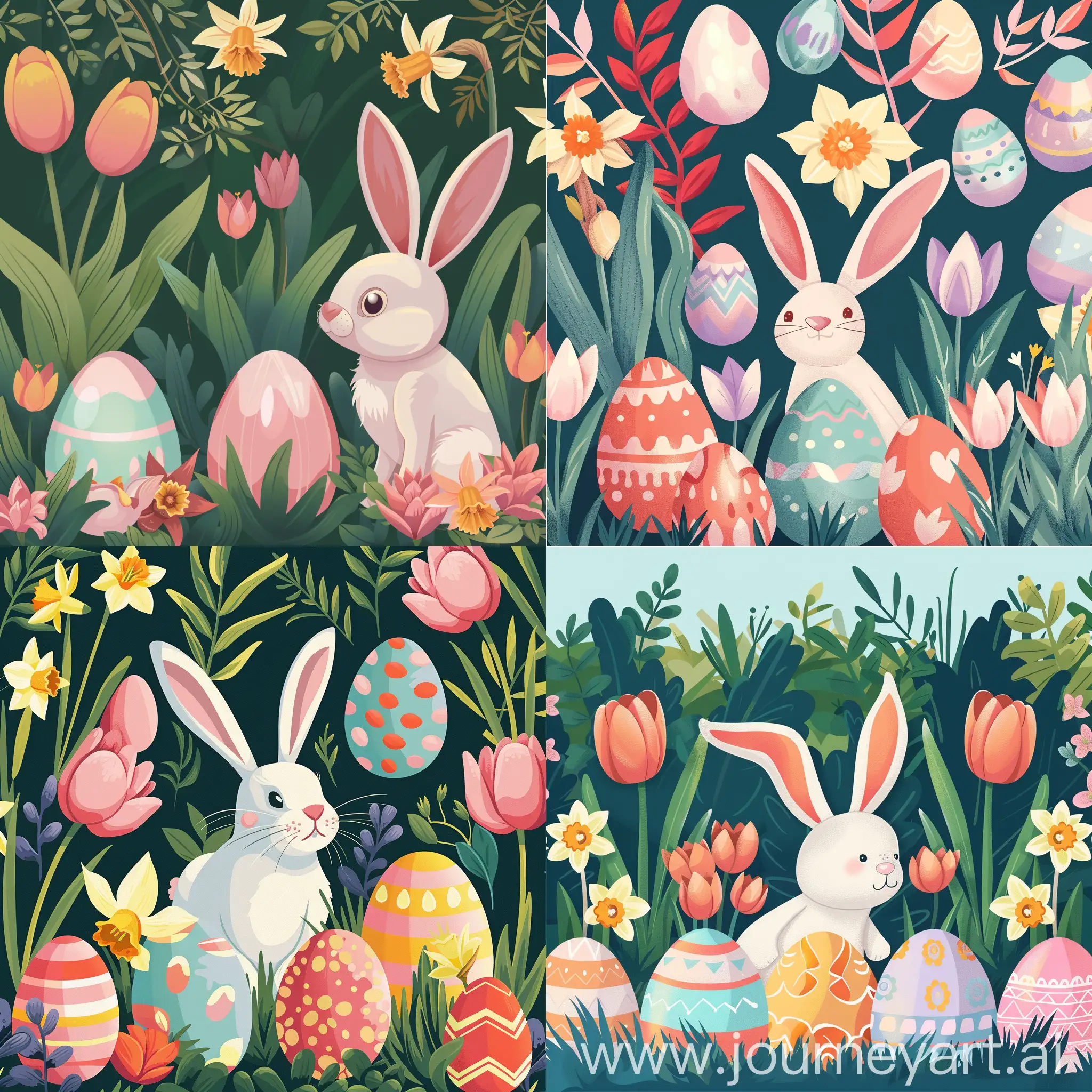 flat illustration of an enchanting scene with pastel-painted eggs in the latest Pantone 2024 colors. Showcase the intricate details with multiple angles, incorporating the charm of a playful Easter bunny and the freshness of spring flowers like tulips and narcissus, in high quality flat style
