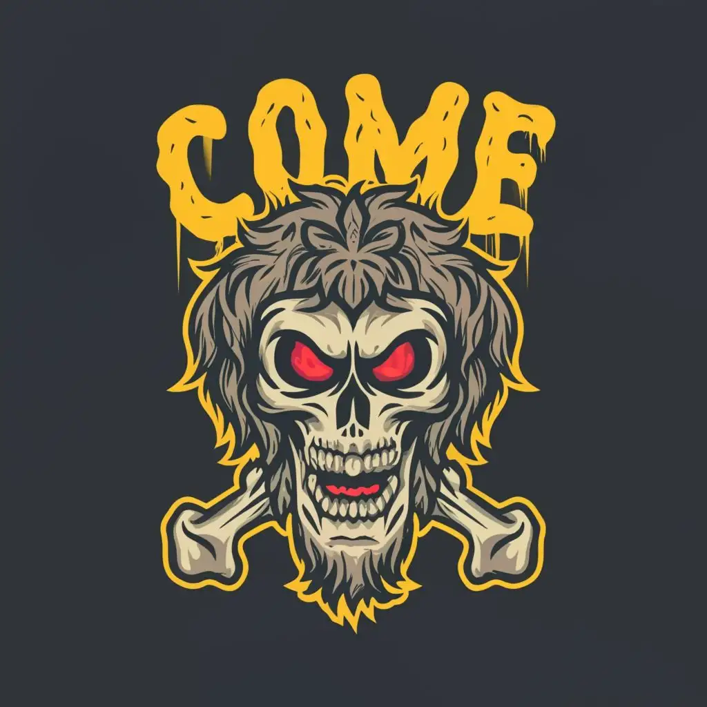 logo, Crazy angry skull of frog with hair fuzz, with the text "Come", typography, be used in Religious industry