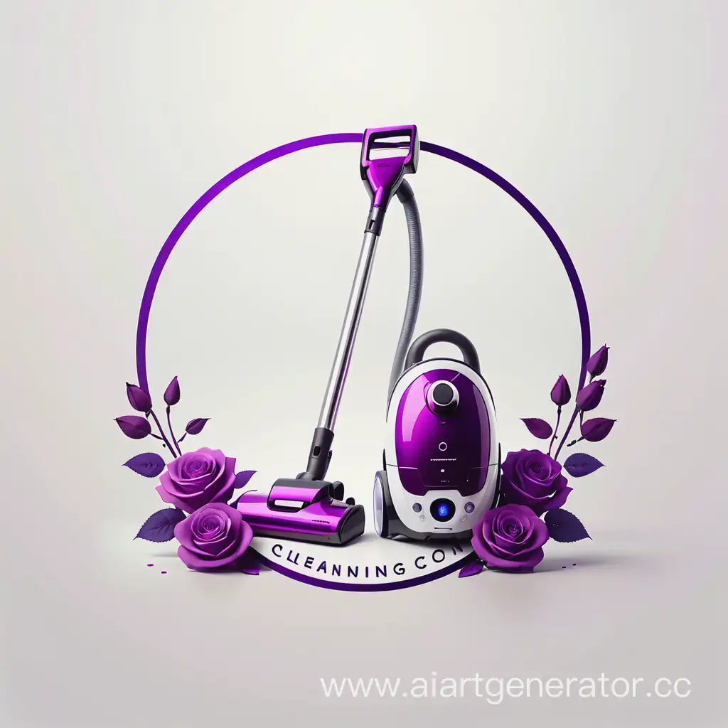 Логотип клининговой компании, белый и фиолетовый, минималистичный стиль, розы и пылесос, 4k