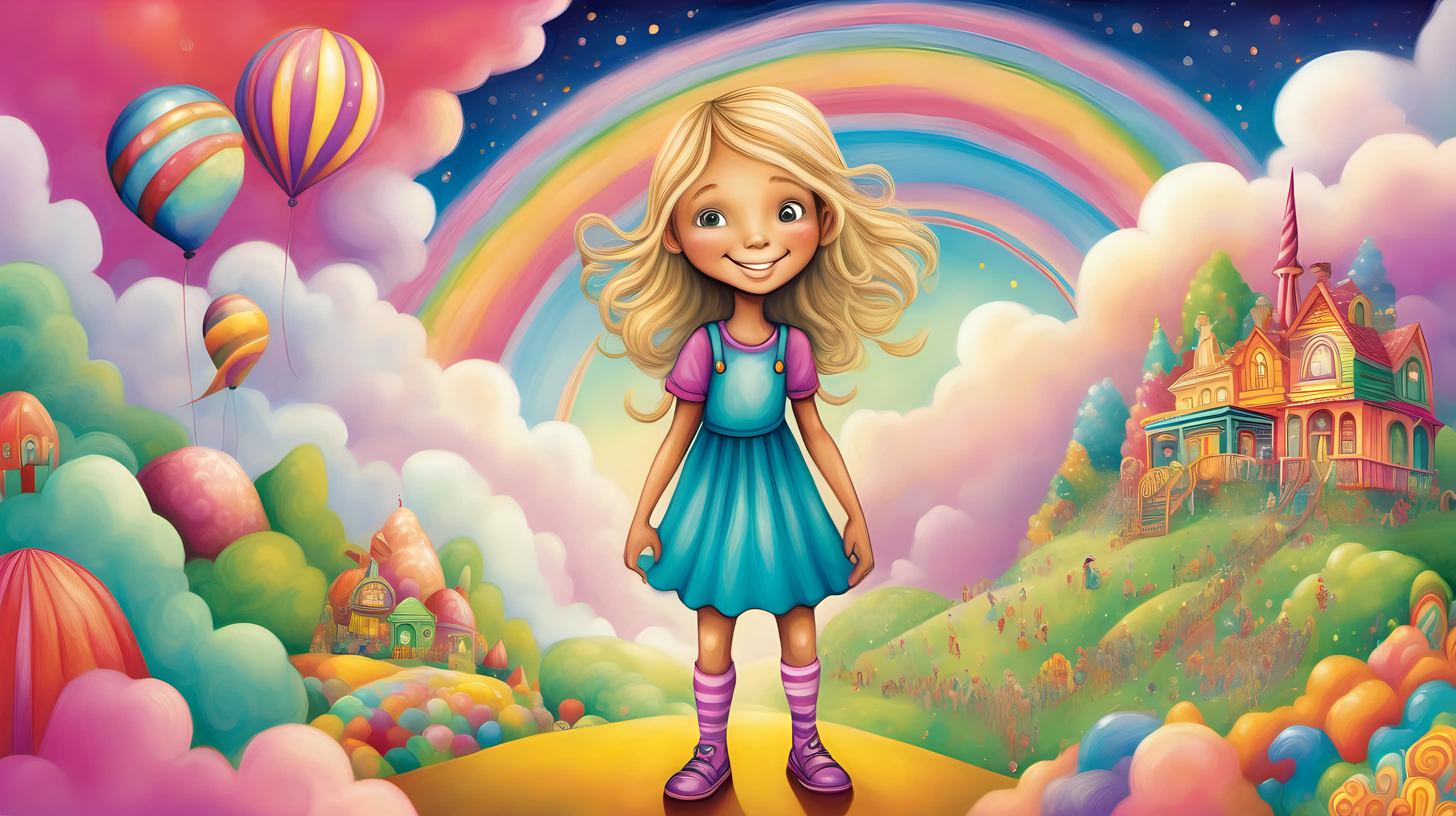 A nine year old little girl with dirty blonde shoulder length hair, she is tall, and strong, and positive, she joins her grandmother who is her favorite person in a dreamland. When they go to dreamland it is candyland. They dream together in vibrant colors, whimsical clouds and mountains, they venture through dreamland together