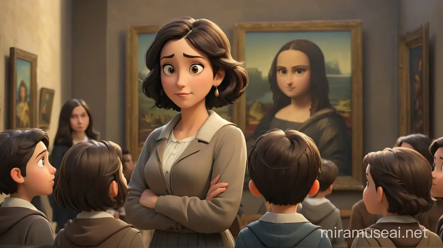 3D illustrator of an animated scene of  teacher , with short dark hair , standing with her students  looking to the mona  liza painting   in the museum   (from their back )  ( from their back all of them), cartoon style