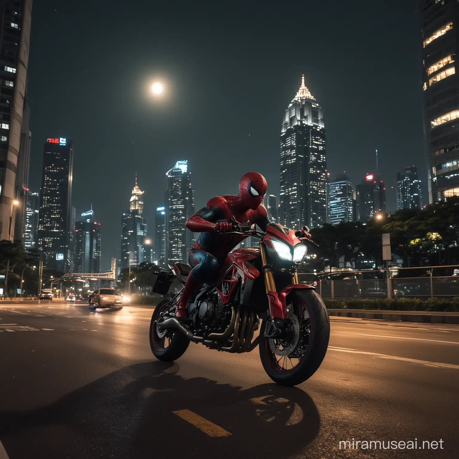 give me realistic image of spiderman from marvel cinematic universe. in this picture he's riding a motorbike in jakarta road in the night. he ride a bike with tall building around them and there is a crescent moont behind. there is a busway transjakarta on the road and also mrt. he is enjoy the view of jakarta. the image is from the side with the camera slightly upwards.