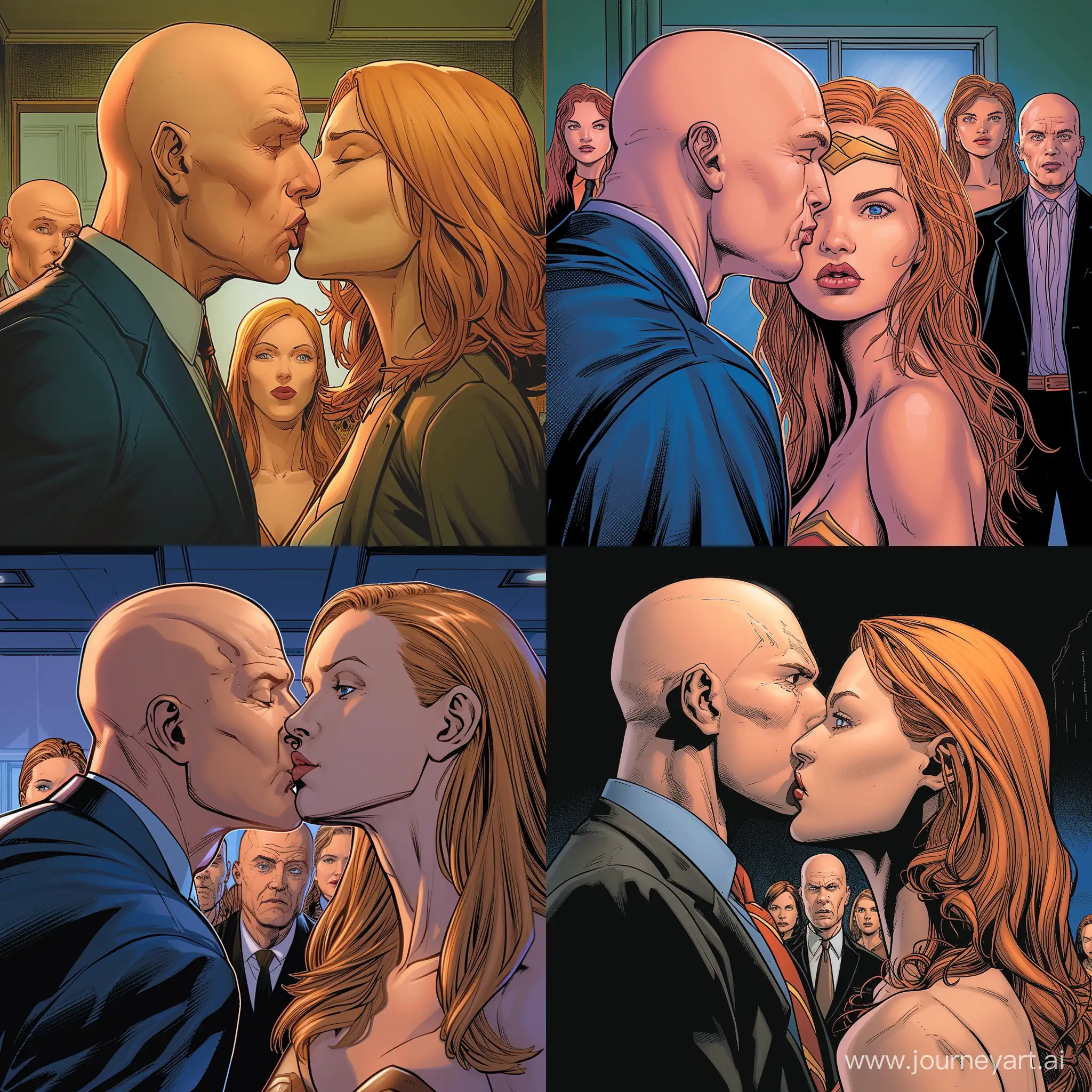 Lex Luthor, in a buisness suit, bald kissing a woman . The woman has a light-medium golden complexion, a squared face shape, full lips, blue eyes, dirty blonde eyebrows arched toward the tail, a button nose, and long, straight strawberry blonde hair with wispy bangs. Meanwhile, Martha Kent (Annette O’Toole version), Jonathan Kent (John Schneider version), Clark Kent (Tom Welling version), Lois Lane (Erica Durance version), Chloe Sullivan (Allison Mack version), and Kara Zor-El (Laura Vandervoort version) are all watching in horror.