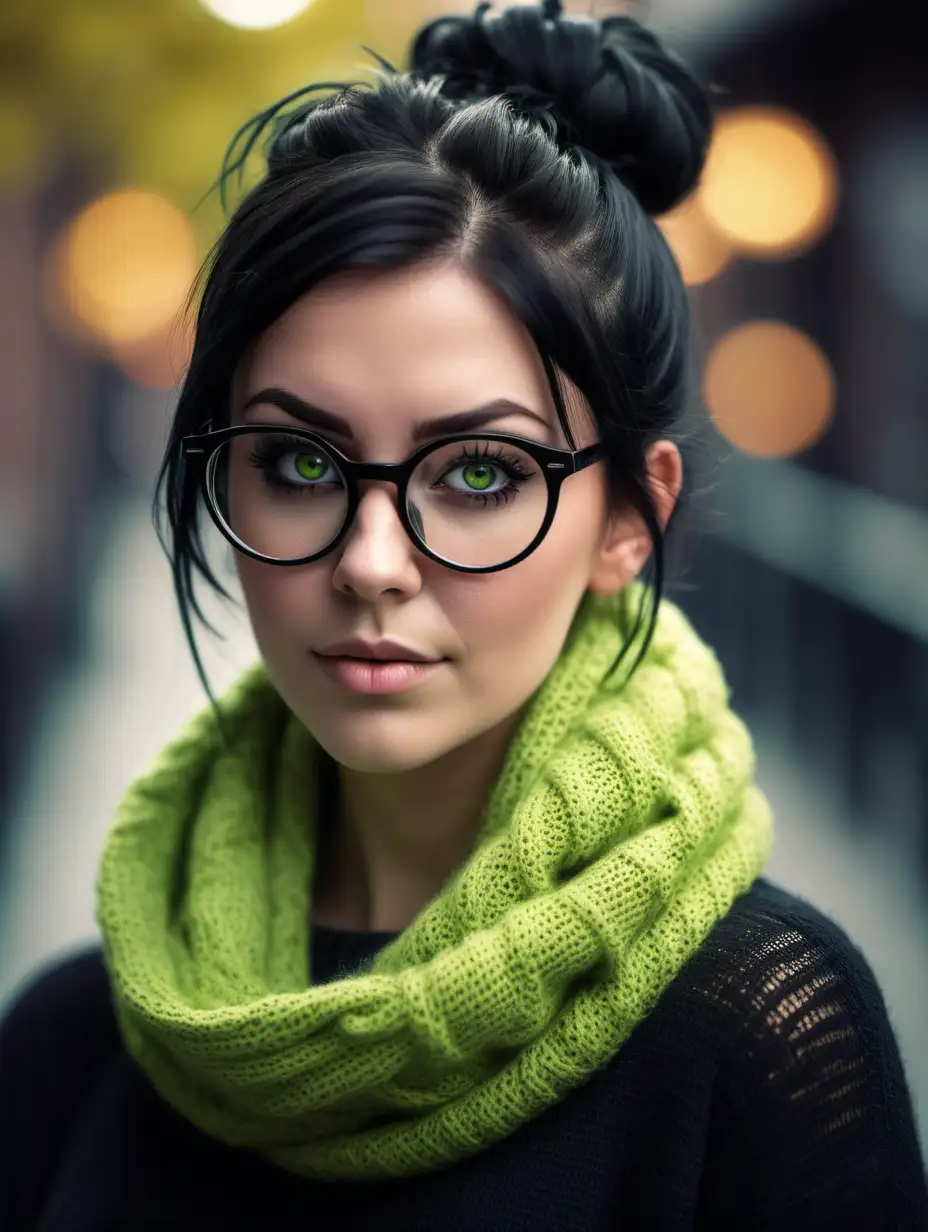 Beautiful Nordic woman, very attractive face, detailed eyes, big breasts, slim body, dark eye shadow, messy lime green and black hair in a big bun, glasses, wearing a sweater and a black infinity scarf, close up, bokeh background, soft light on face, rim lighting, facing away from camera, looking back over her shoulder, photorealistic, very high detail, extra wide photo, full body photo, aerial photo