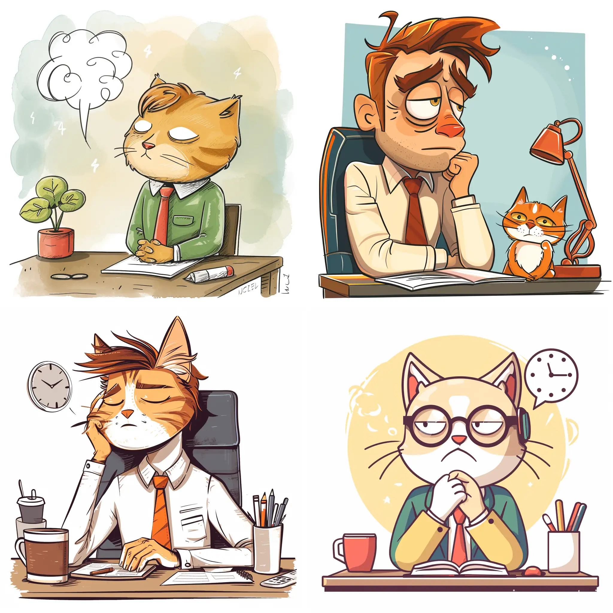 a contemplative human-cat office worker, mature cartoon