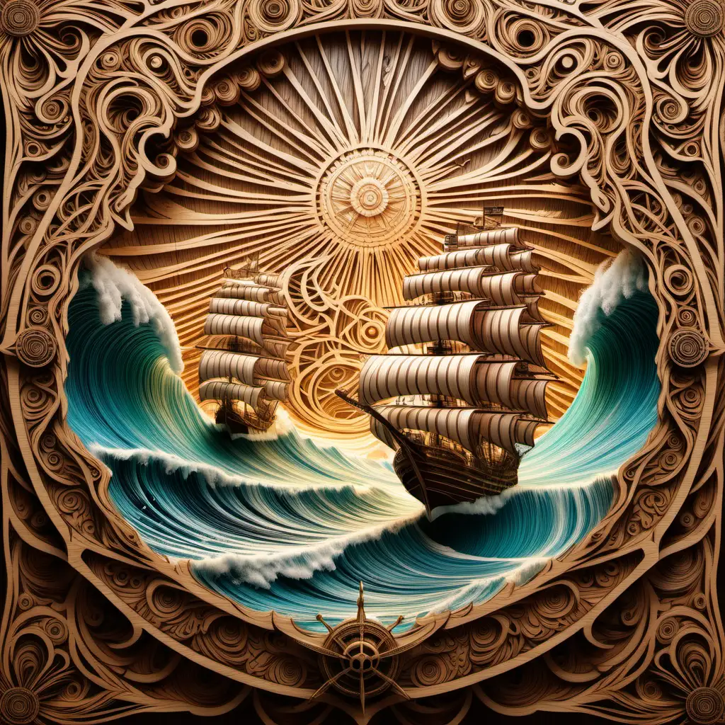 Multilayered cut odd wood grain patterns, pirate ships battling and designs of wavy long strands of sunshine beaming on the ships, detailed, mandala