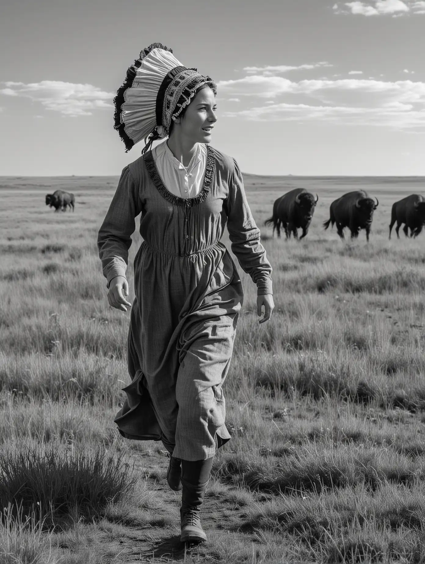 Prairie Pioneer Woman Running Towards New Land Amidst Buffalo Herds