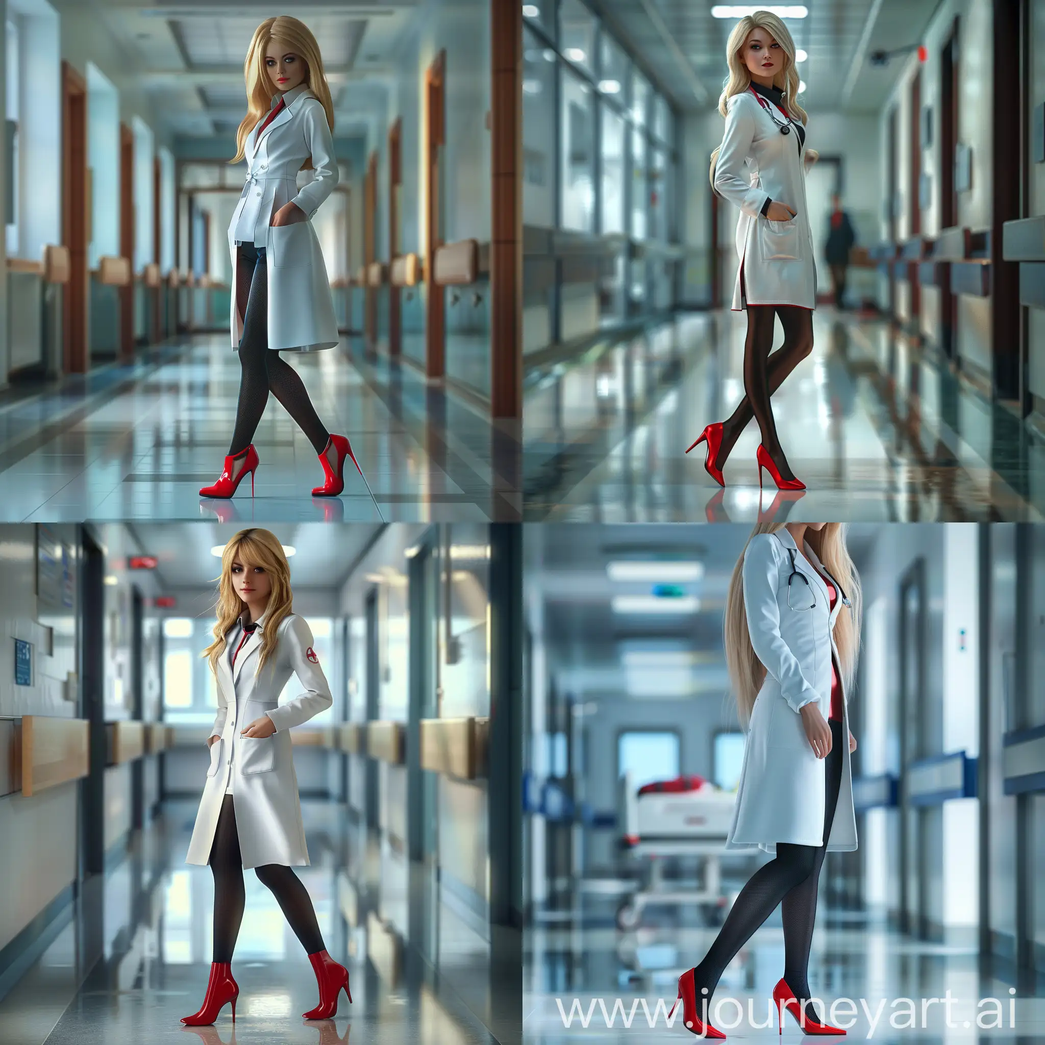 Elegant-Blonde-Doctor-in-White-Coat-Walking-the-Hospital-Corridor