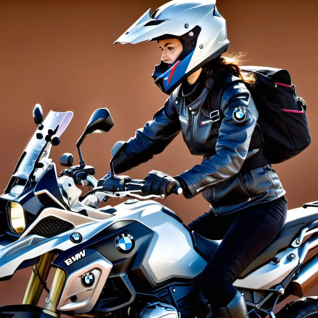 Adventurous Girl Riding a BMW GS Motorcycle with Helmet in Profile
